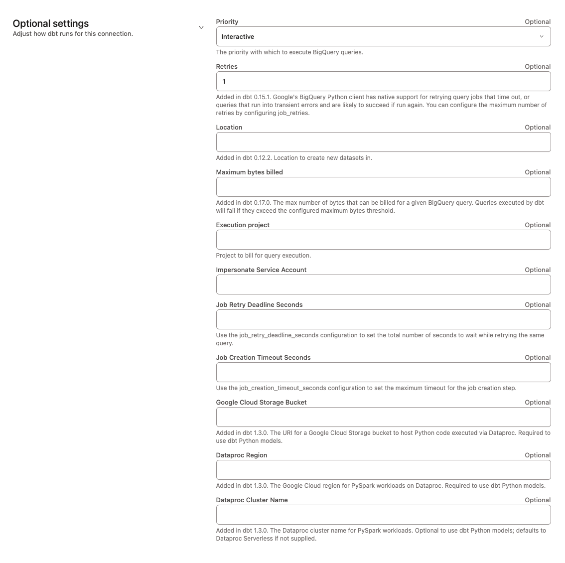 BigQuery optional configuration