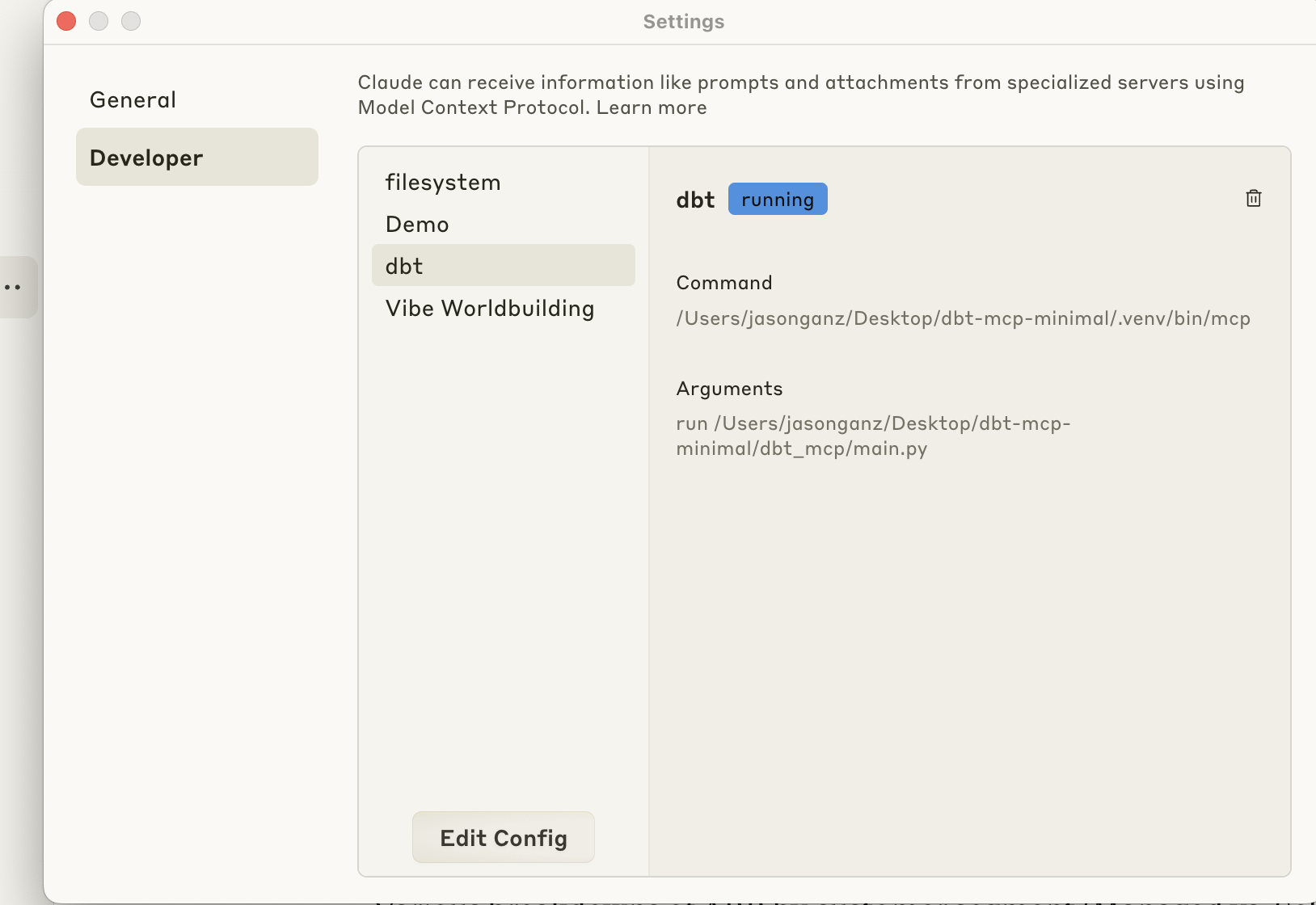 Claude Desktop – MCP server running in Developer settings