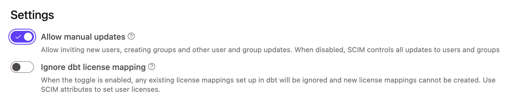 Enabling manual updates in SCIM settings. Enabling manual updates in SCIM settings.