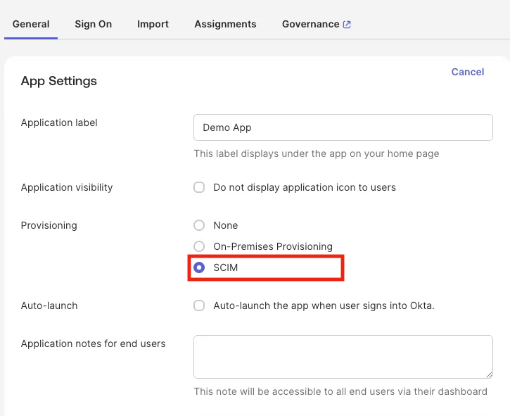 Enable SCIM provisioning in Okta.
