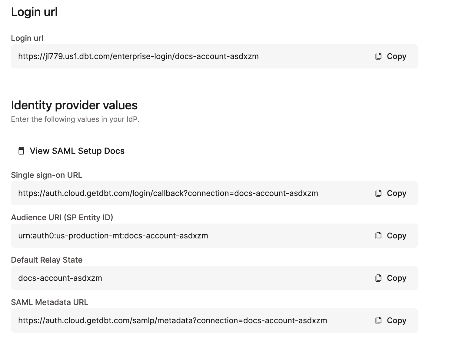 Example of the identity provider values for a SAML 2.0 provider