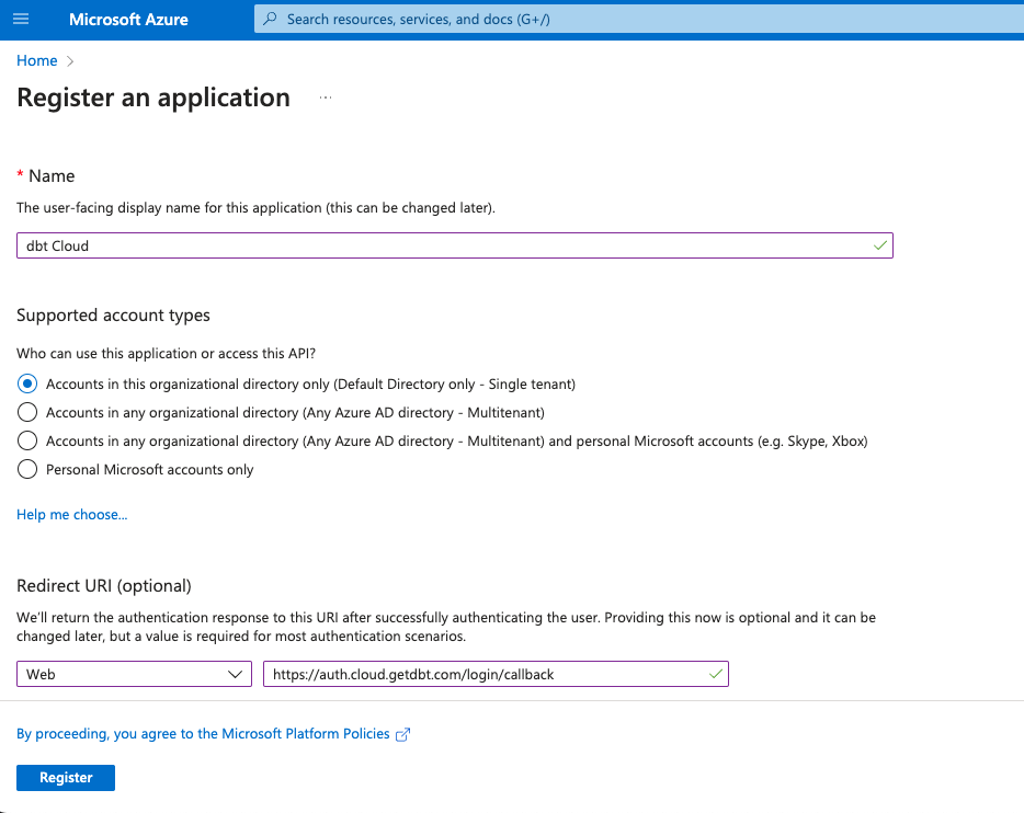 Configuring a new app registration Configuring a new app registration