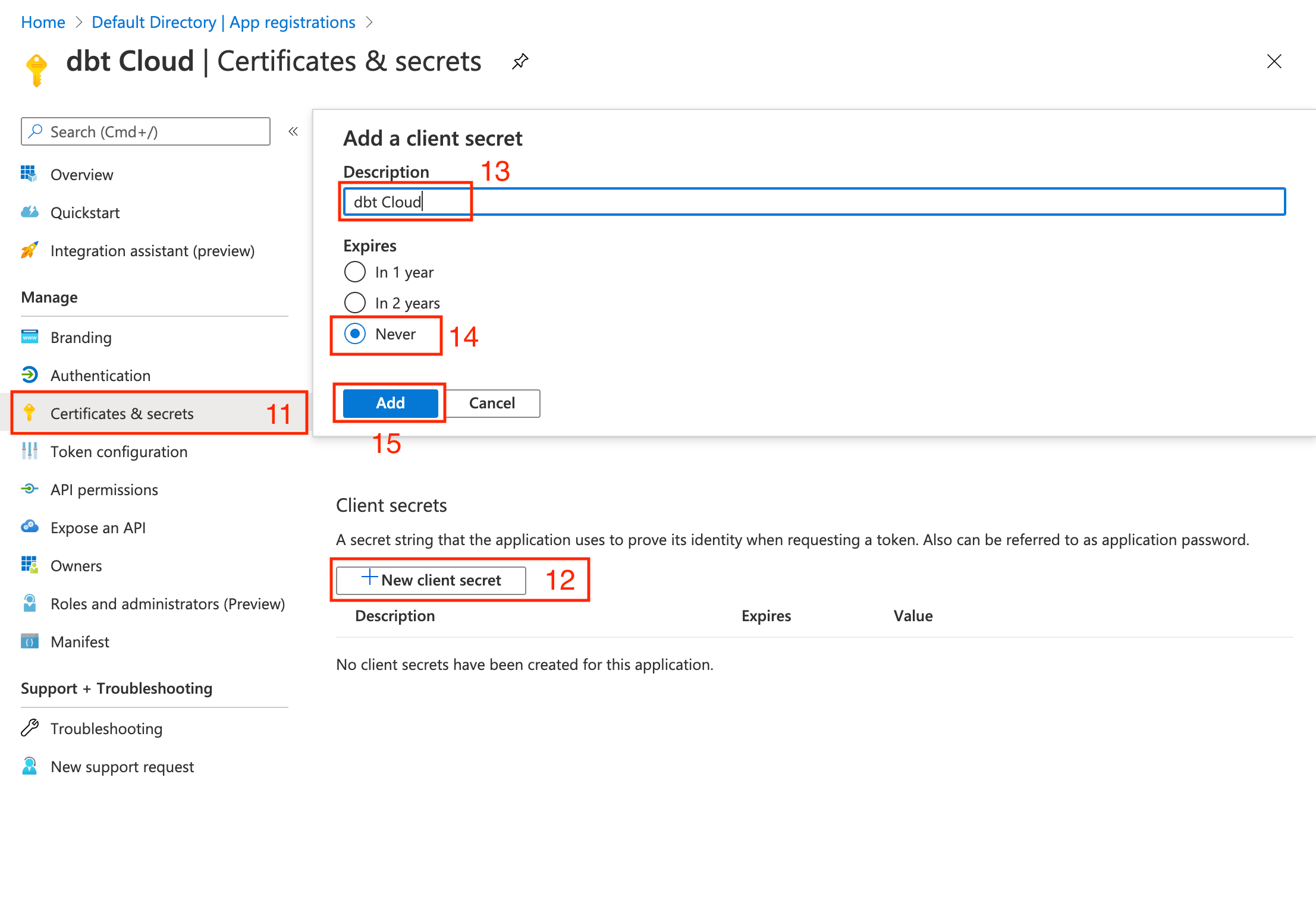 Configuring certificates & secrets