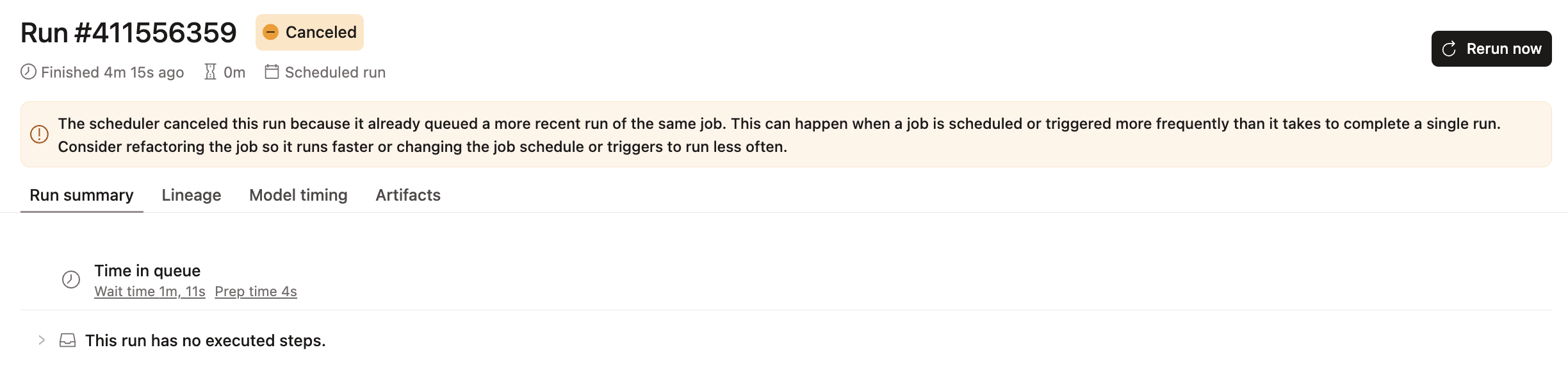 The cancelled runs display an error message explaining why the run was cancelled and recommendations