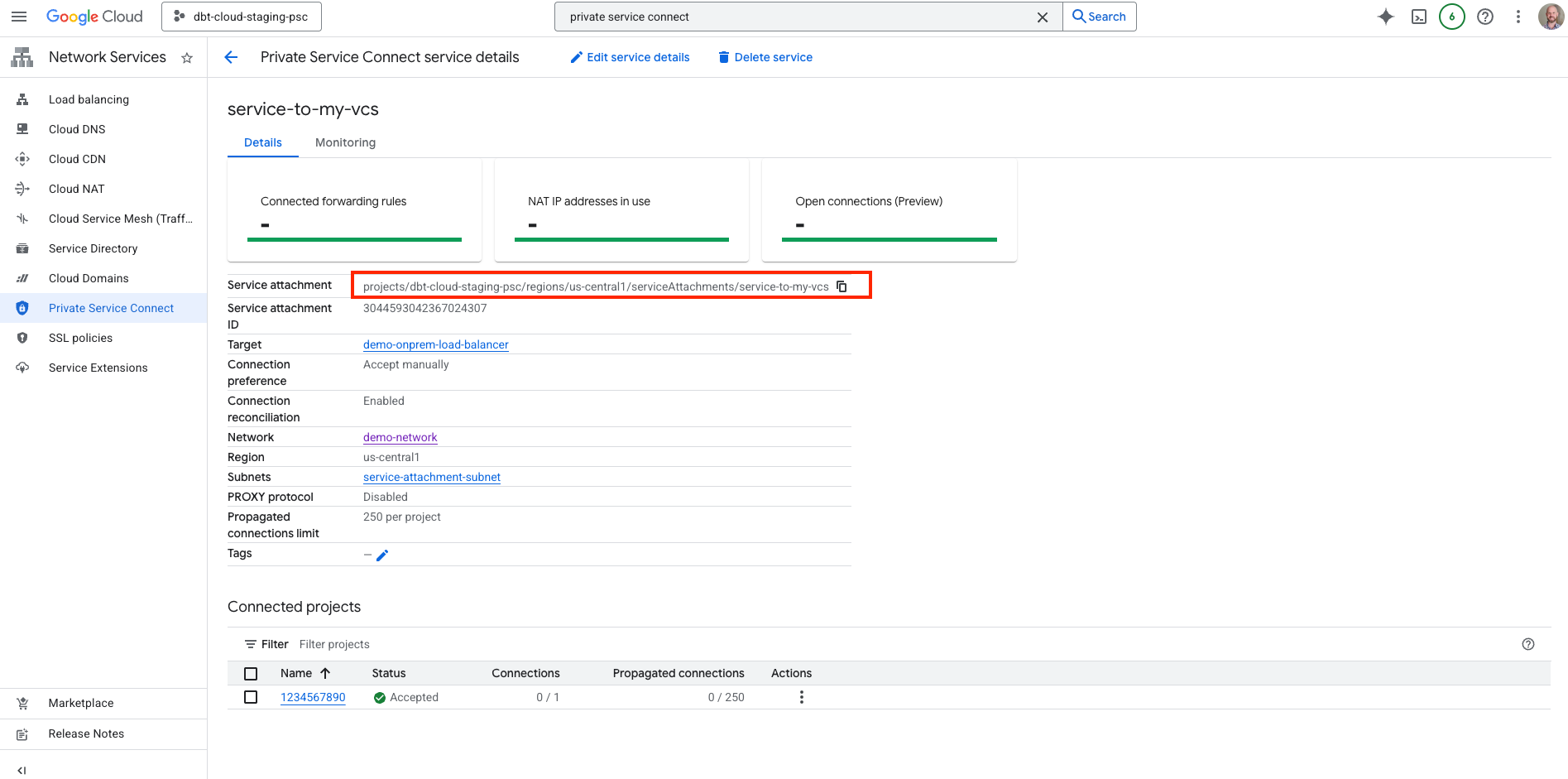 Screenshot of step 11: Copy the Service attachment URI