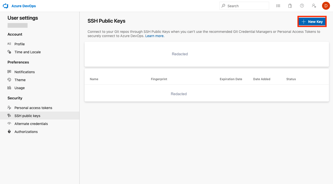 Click the '+ New Key' button to create a new SSH key for the repository. Click the '+ New Key' button to create a new SSH key for the repository.