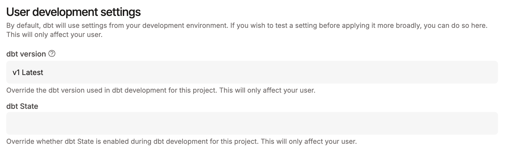 Example of overriding the dbt version on your user account