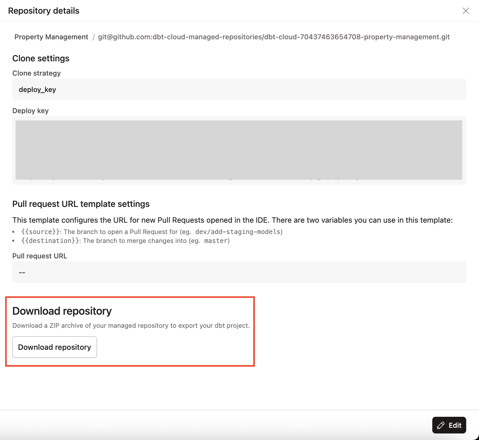 The download button for a managed repo.