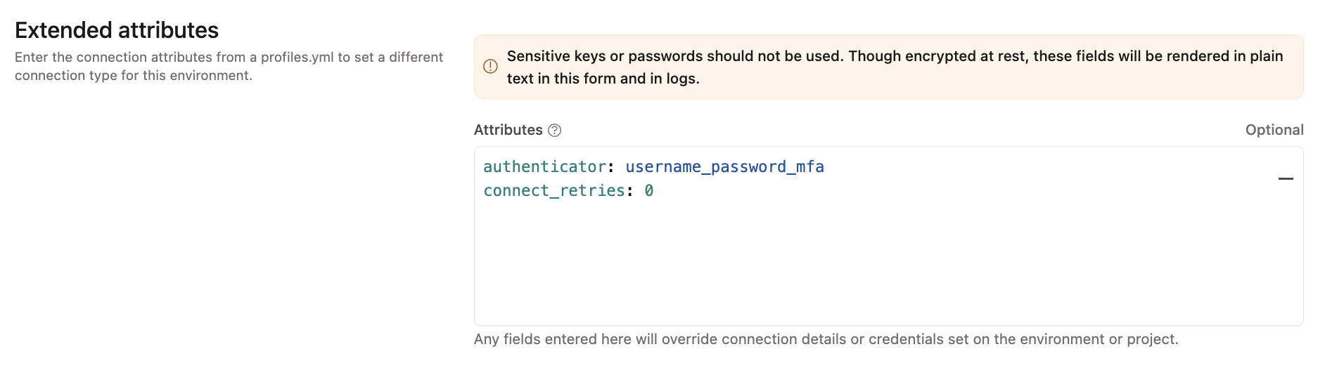 Configure the MFA username and password, and connect_retries in the development environment settings.