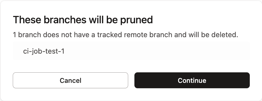 The Prune branches modal allows users to delete local branches that have already been deleted from the remote repository.