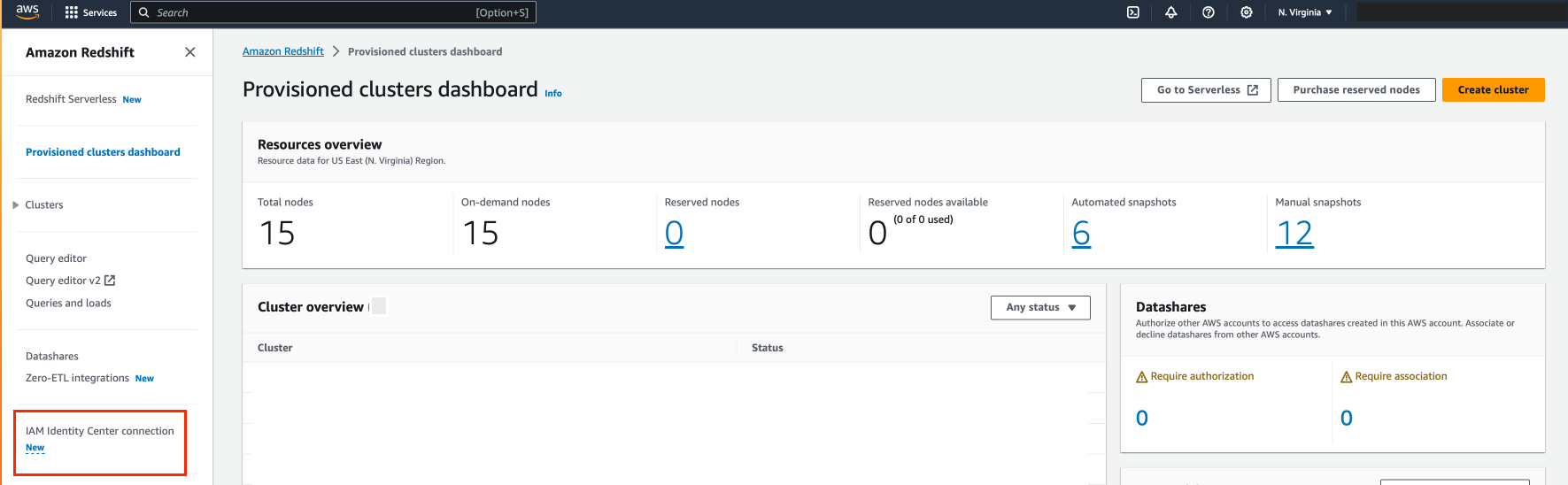The AWS Redshift console.