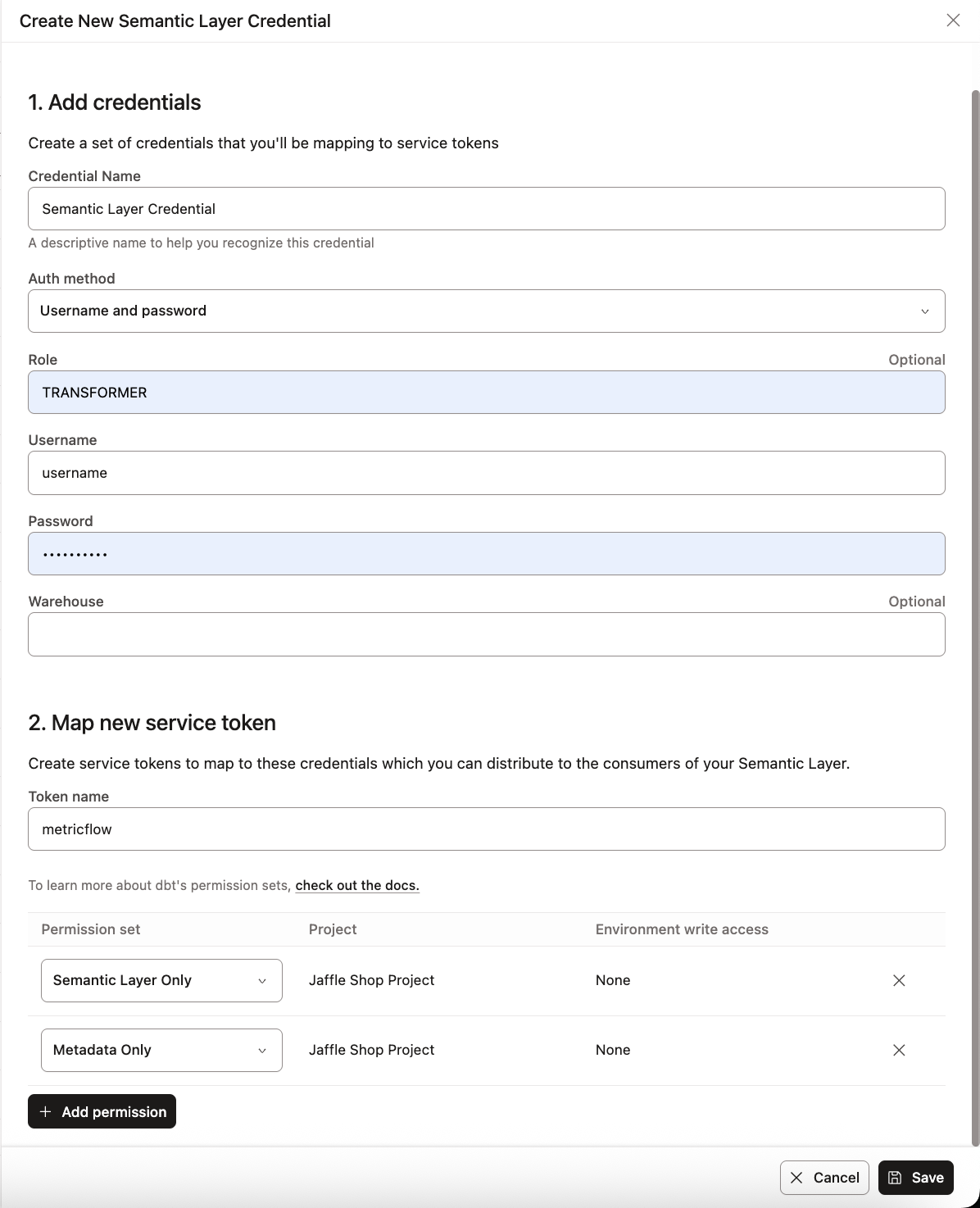 Add credentials and map them to a service token. 
