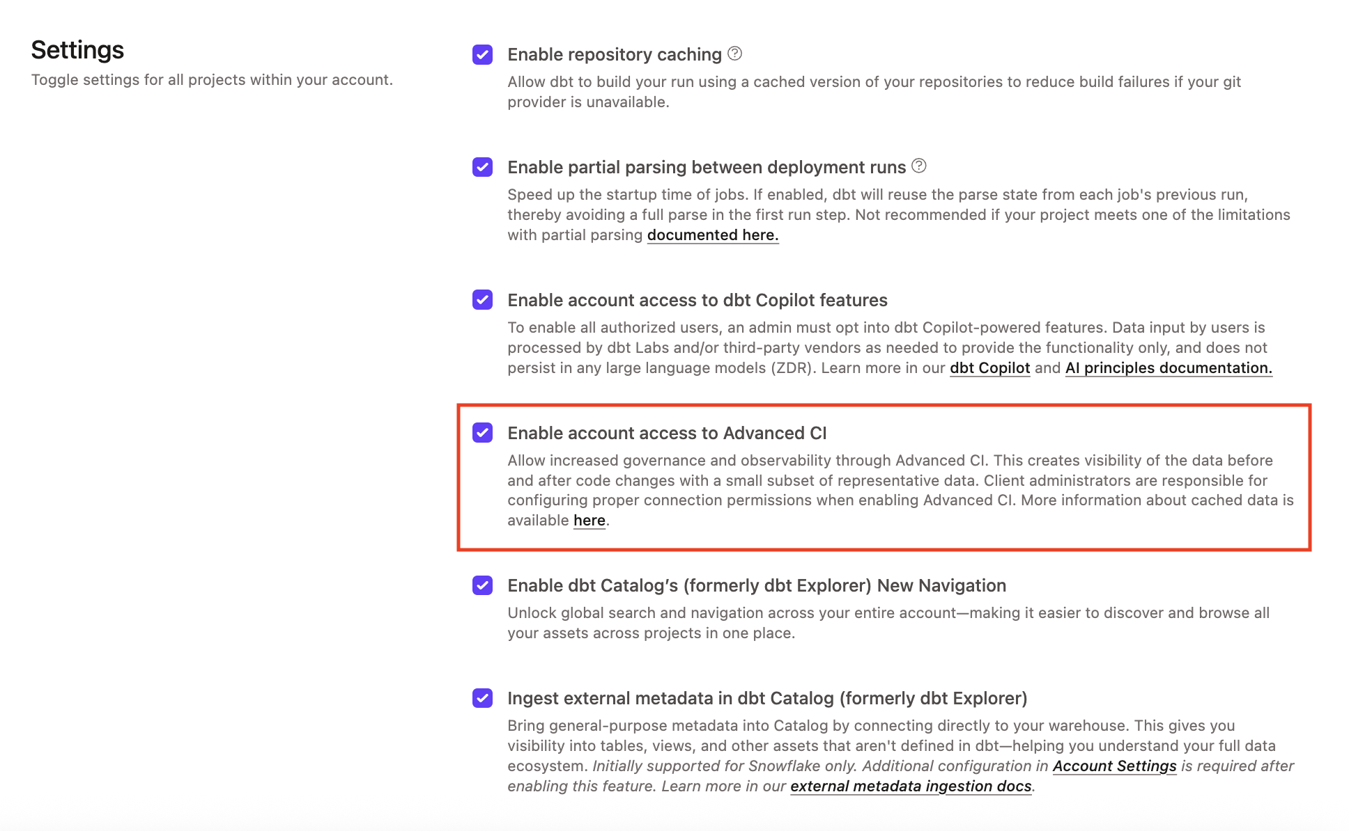 The Enable account access to Advanced CI option The Enable account access to Advanced CI option