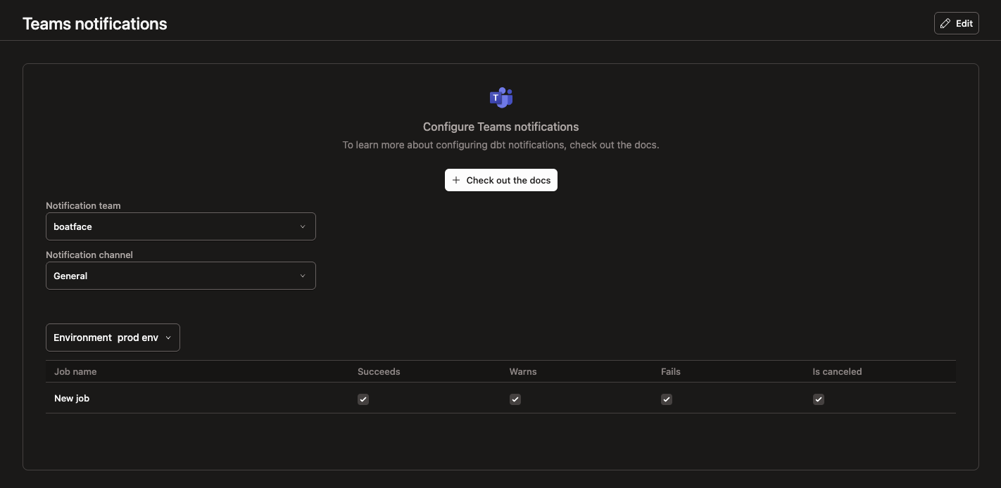 Example of the configure Teams notification page Example of the configure Teams notification page
