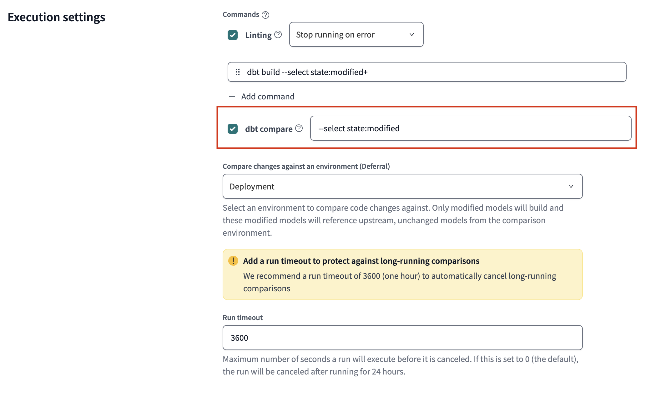 Add custom dbt commands to when using dbt compare. Add custom dbt commands to when using dbt compare.