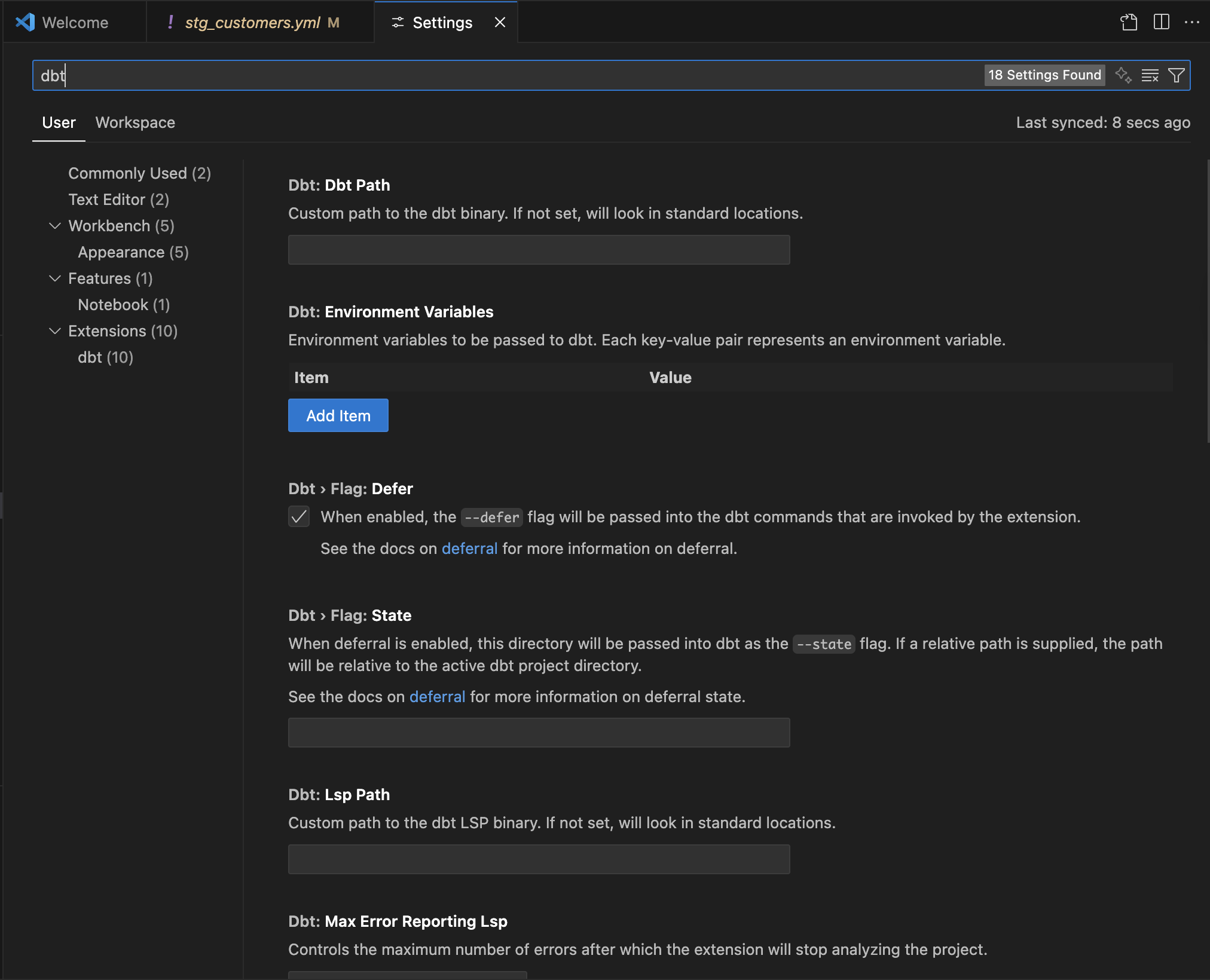 dbt extension settings within the VS Code settings. dbt extension settings within the VS Code settings.