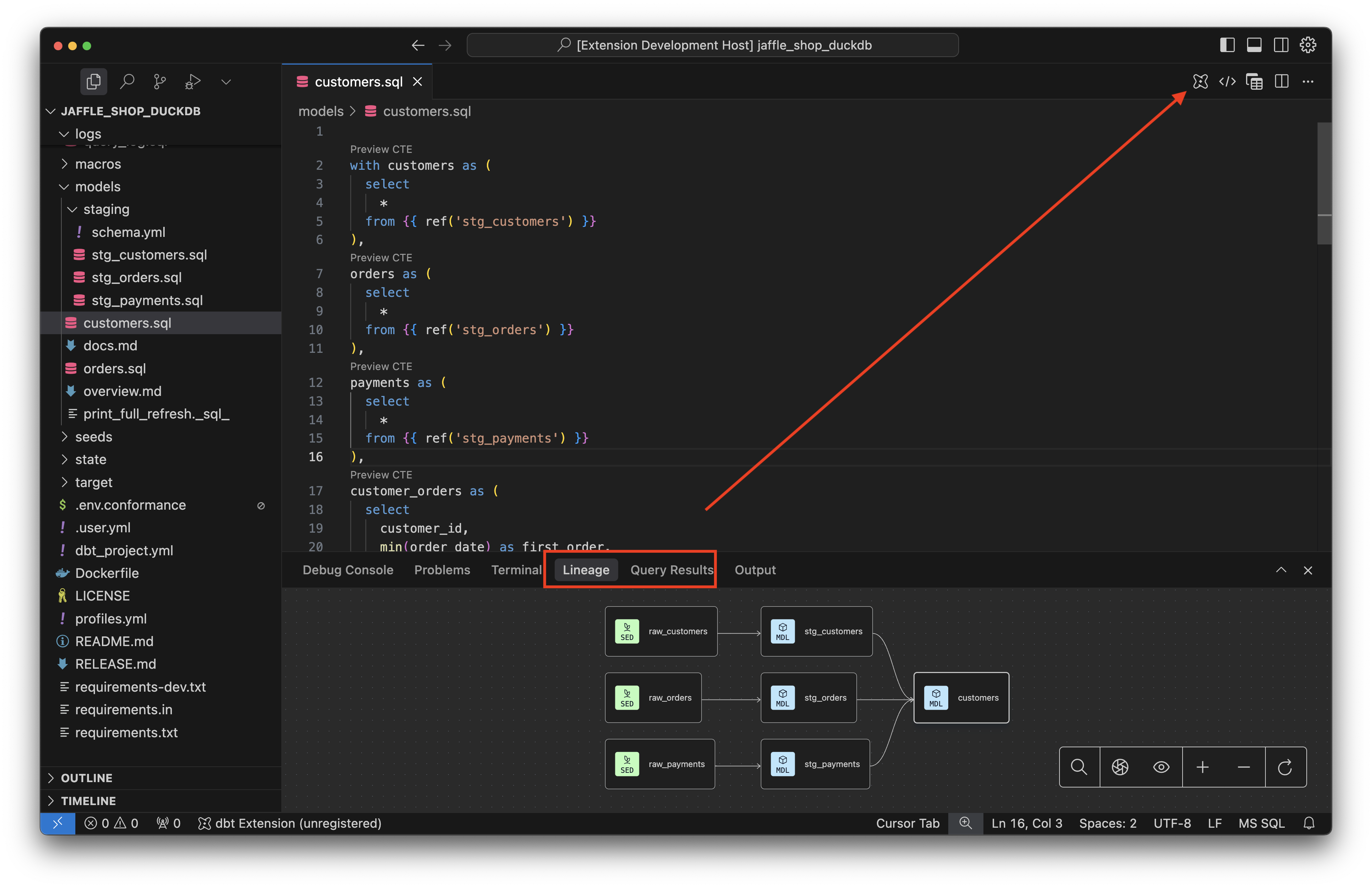 The VS Code UI with the extension running. The VS Code UI with the extension running.