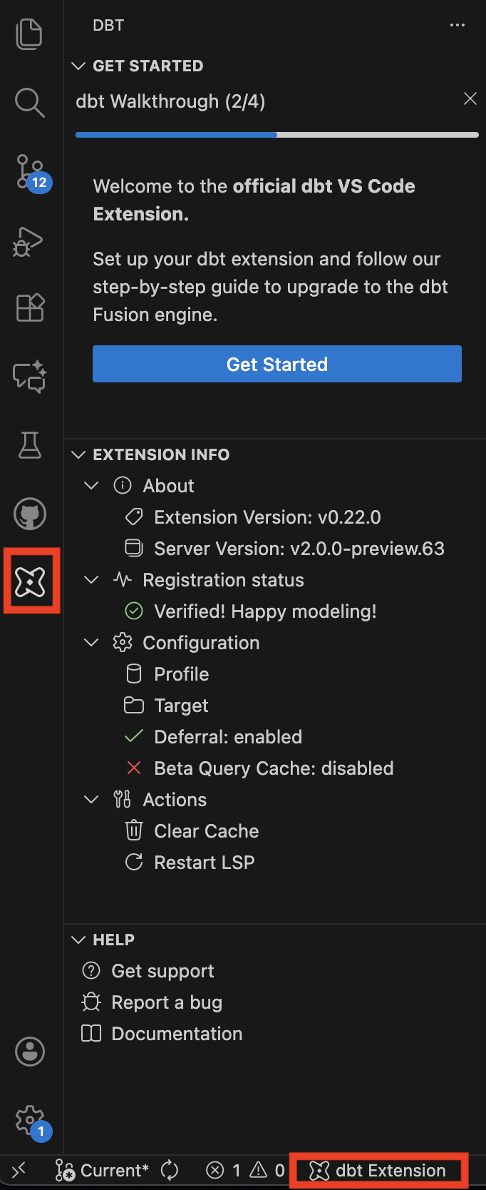 dbt VS Code extension welcome screen. dbt VS Code extension welcome screen.