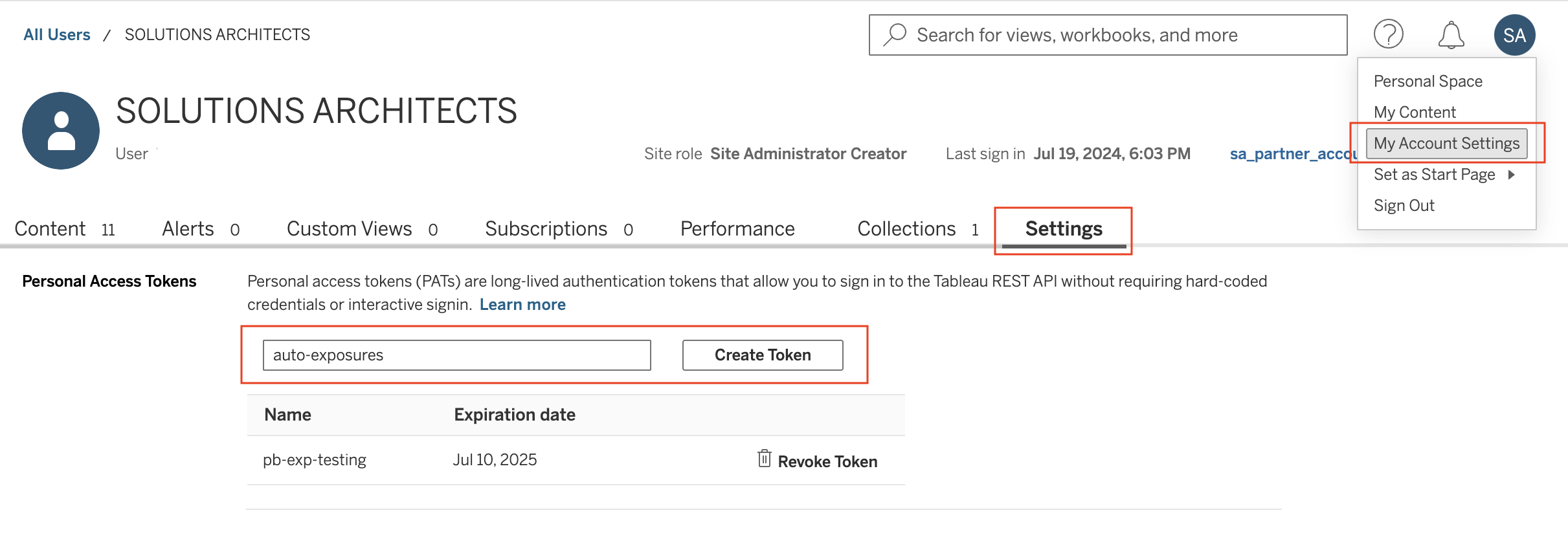 Create PATs for the account in Tableau Create PATs for the account in Tableau