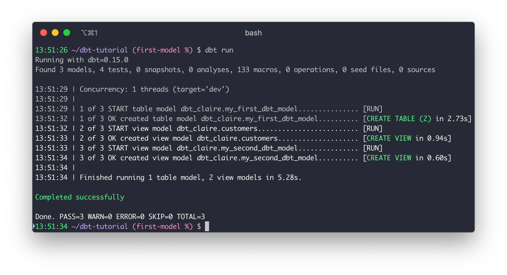 A successful dbt run from the CLI